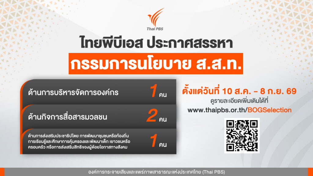 ประกาศสรรหากรรมการนโยบาย ส.ส.ท. จำนวน 4 คน ตั้งแต่วันที่ 10 ส.ค. – 8 ก.ย. 69